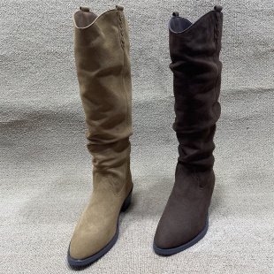 法式 新款 复古堆堆靴女 处理真皮不过膝长靴女粗跟长筒靴秋冬季 断码