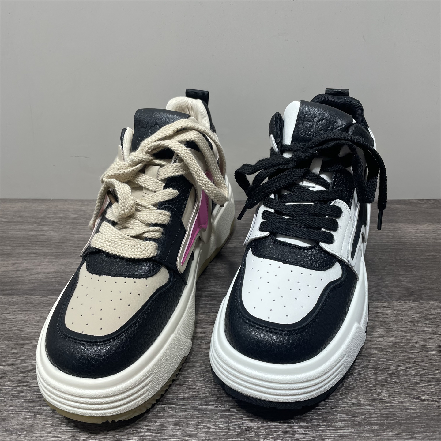 断码处理真皮高帮鞋女春秋新款厚底松糕黑白熊猫运动休闲牛皮板鞋