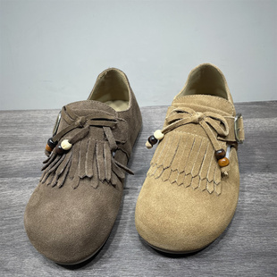 断码处理真皮流苏全包勃肯鞋女秋季新款外穿单鞋一脚蹬豆豆乐福鞋