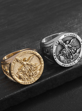 欧美跨境新款嘻哈HIPHOP指环钛钢镀金大天使圣克莱尔驱魔男士戒指