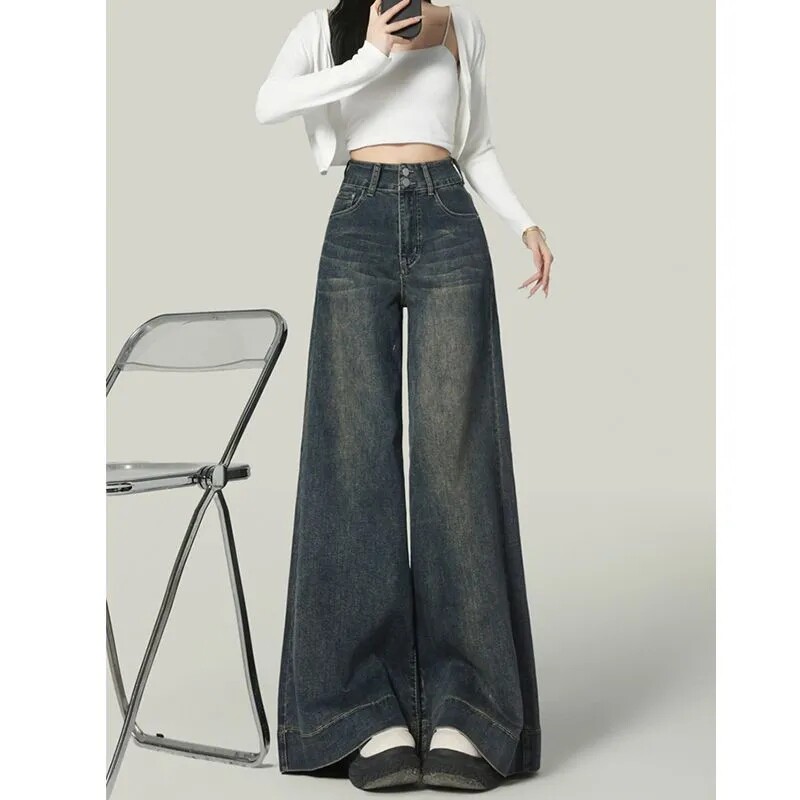 2025春夏美式复古深蓝色牛仔裤女高腰显瘦显高阔腿裤宽松垂感长裤