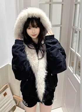 座山雕毛领连帽棉服男女冬季新款情侣设计感cleanfit短款派克棉服