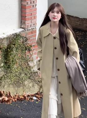 卡其色韩版休闲中长款风衣女2025秋冬新款单排扣宽松加厚大衣潮
