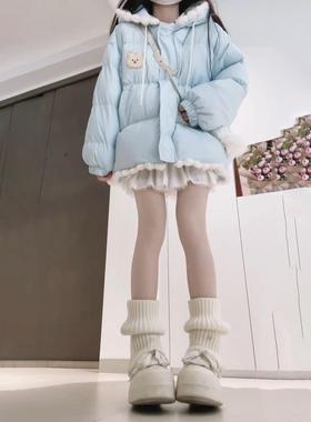 可爱奶油蓝可爱兔子毛球花边连帽棉服外套女冬季新款宽松保暖棉衣