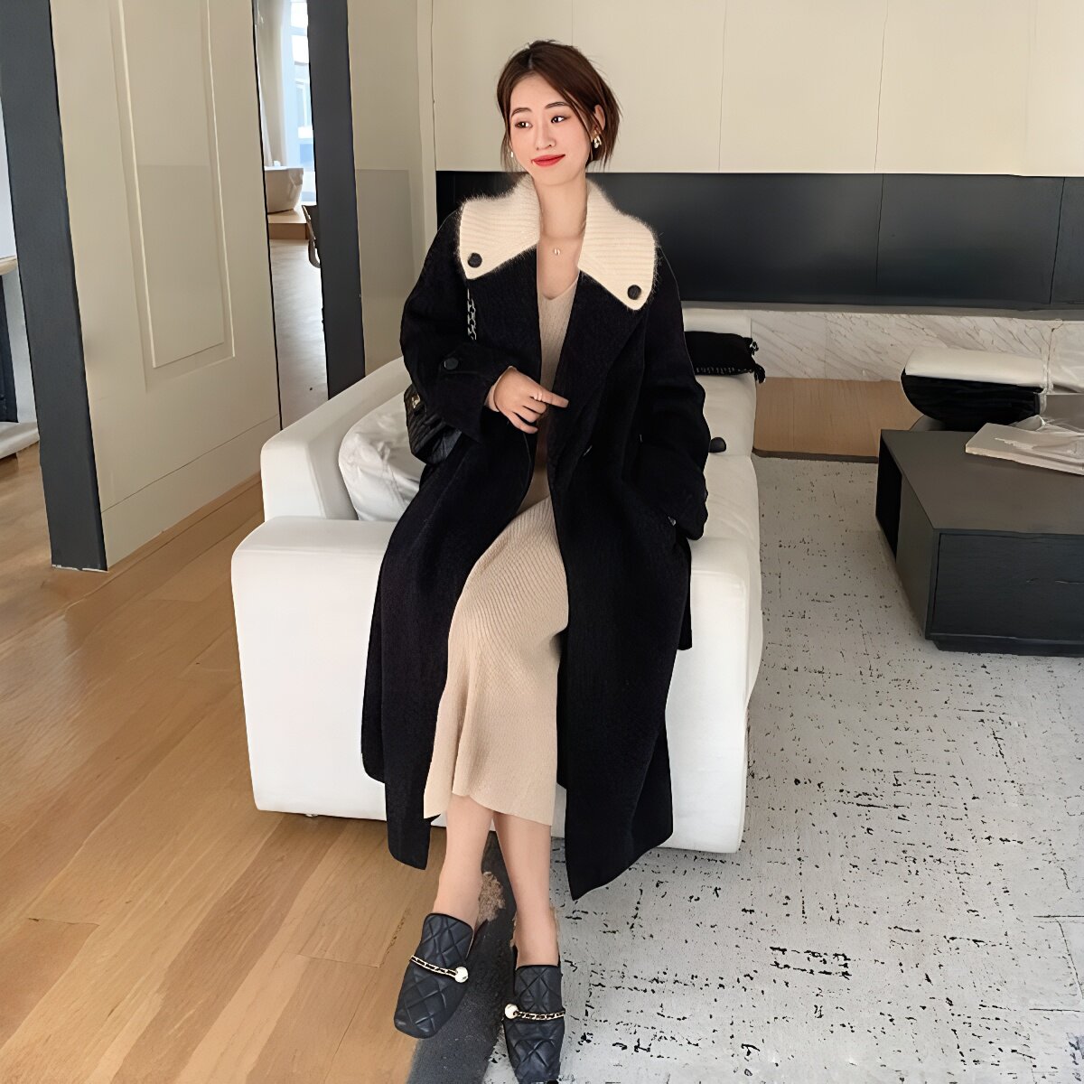 2025新款加厚大衣女冬装气质针织拼接小香风别致韩版长款毛呢外套