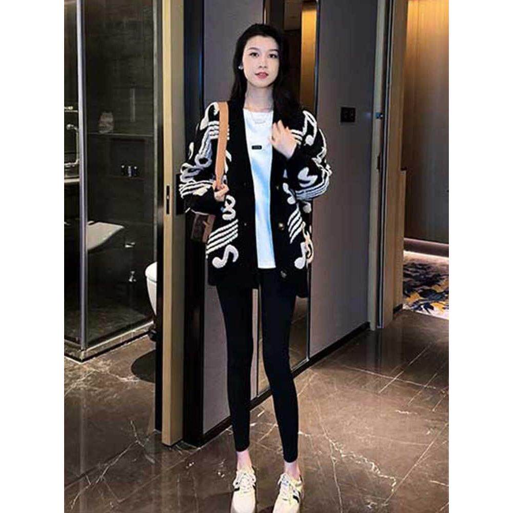慵懒风时尚中长款针织衫女秋冬季毛衣开衫外套黑色长袖上衣外套潮