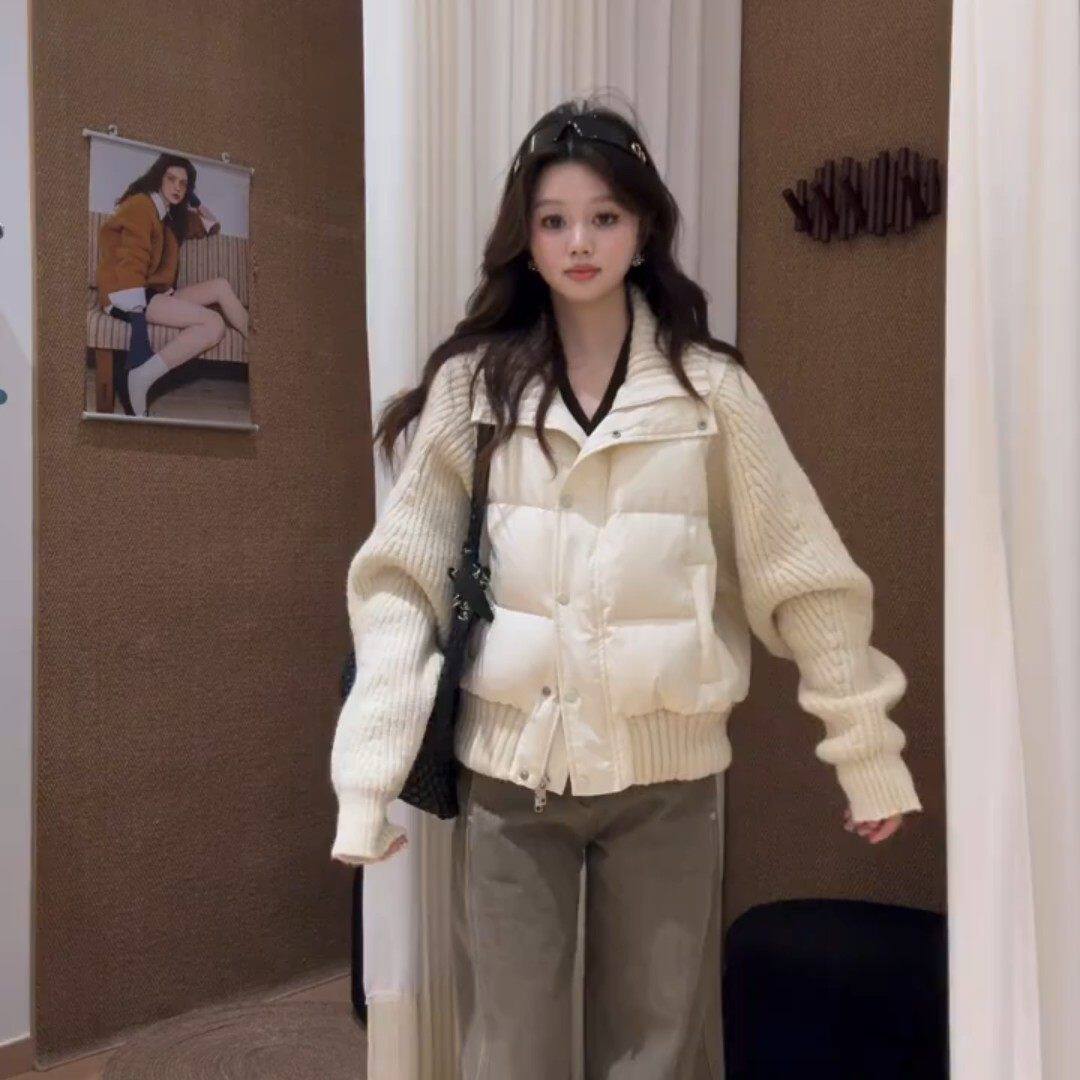 韩系针织拼接棉服女秋冬季设计感通勤休闲保暖显瘦百搭立领外套潮
