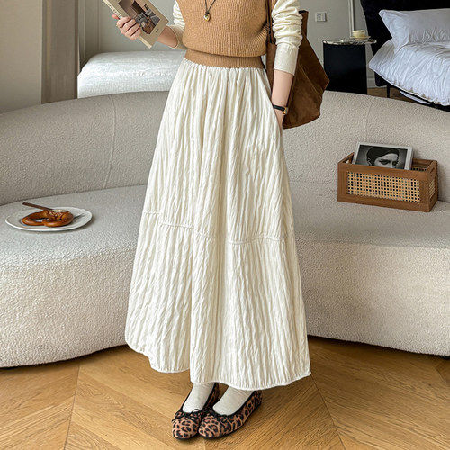 韩系新款白色夹棉工艺半身裙女松紧腰显瘦加绒中长裙口袋a字伞裙