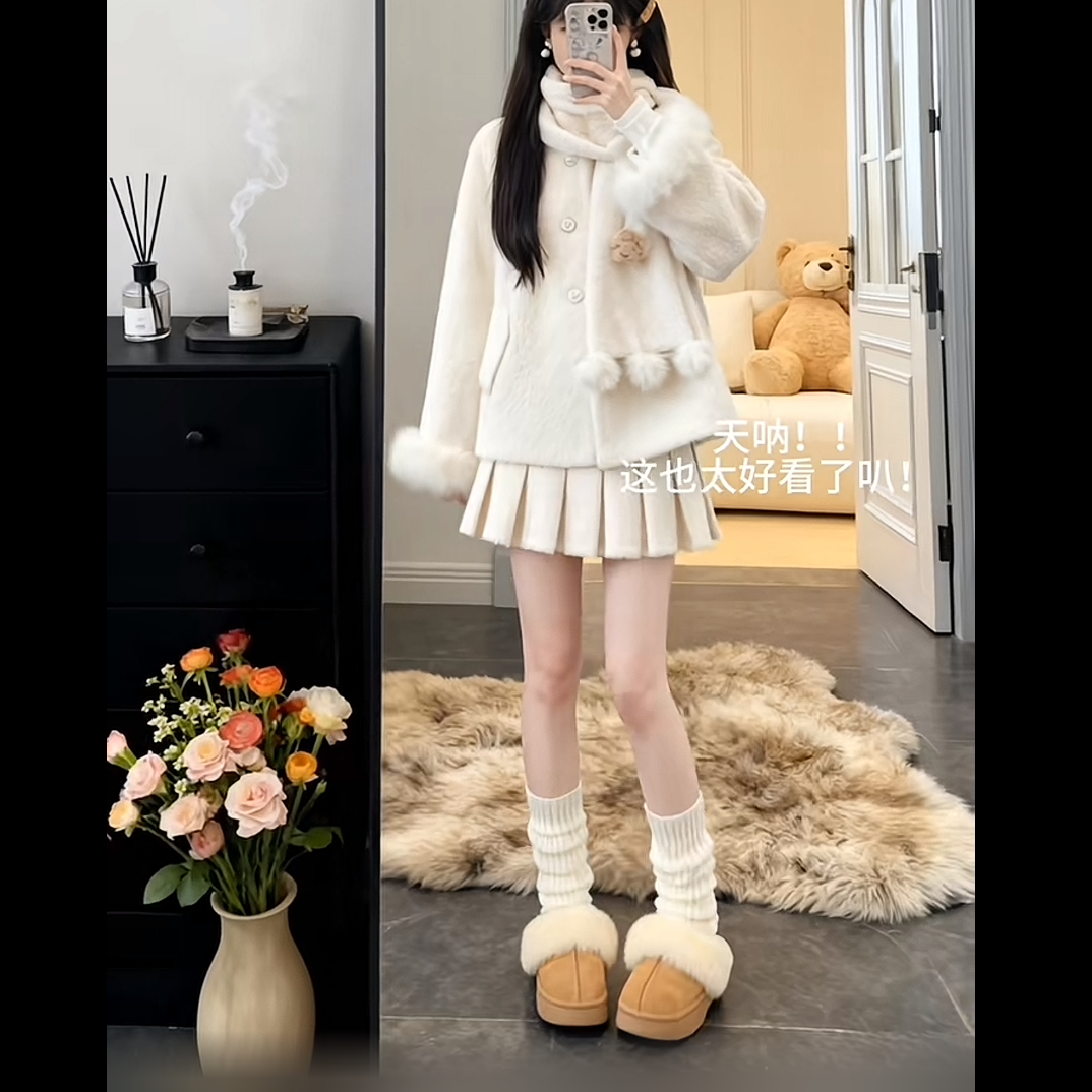 学院风甜美纯白色带绒球围巾甜美气质减龄毛呢外套半裙套装,女装/女士精品,时尚套装,淘宝优惠券,粉丝福利购,淘宝优惠卷