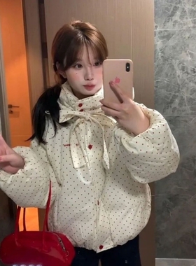 可爱甜美风蝴蝶结绑带波点短款棉衣外套冬季百搭加厚保暖防寒棉服