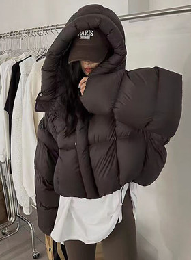 泡芙肯豆短款羽绒服女2025冬季新款美式面包服设计高级感连帽外套