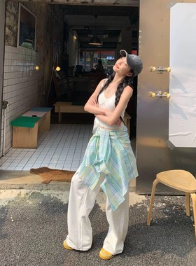 韩系慵懒风宽松防晒薄荷绿格子衬衫女夏季设计感薄款外搭长袖外套