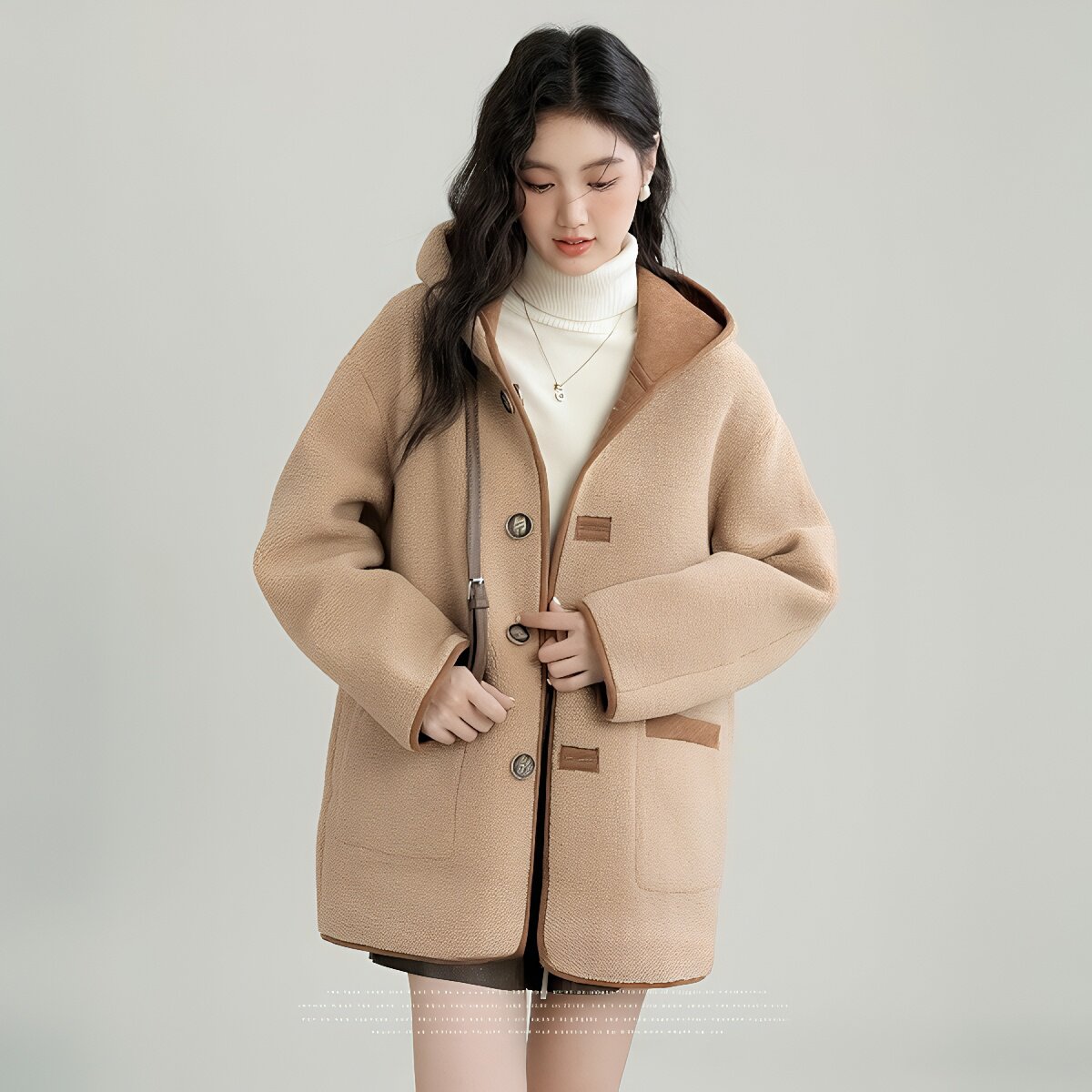 2025冬季新款卡其色加厚连帽棉服女皮毛一体两面穿宽松气质外套潮