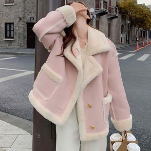 小香风粉色羊羔绒外套女冬季短款皮毛一体韩系小个子加厚棉衣
