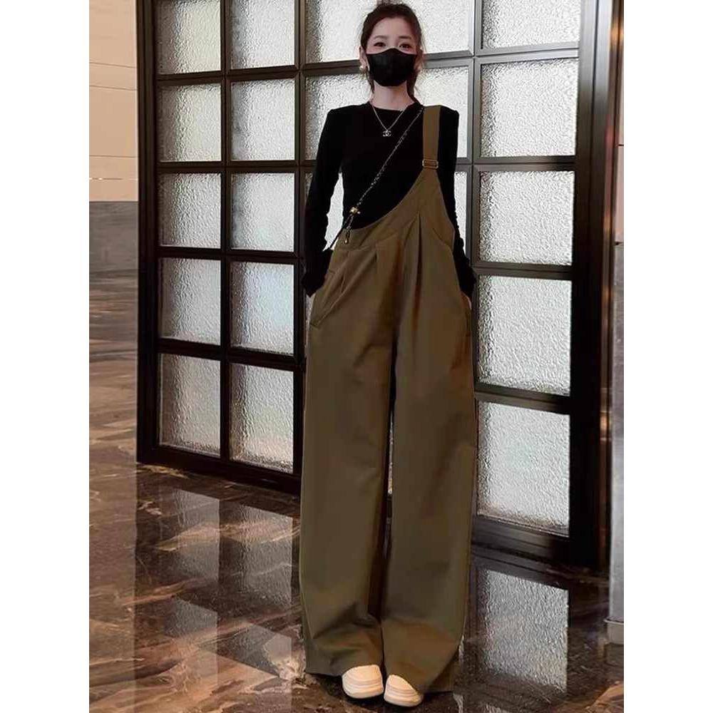 时尚工装背带裤套装女秋季新款宽松显瘦长袖T恤阔腿连体裤两件套