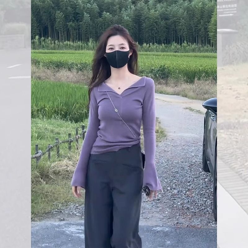 法式紫色内搭翻领针织衫女早秋穿搭修身短款毛衣软糯打底长袖上衣