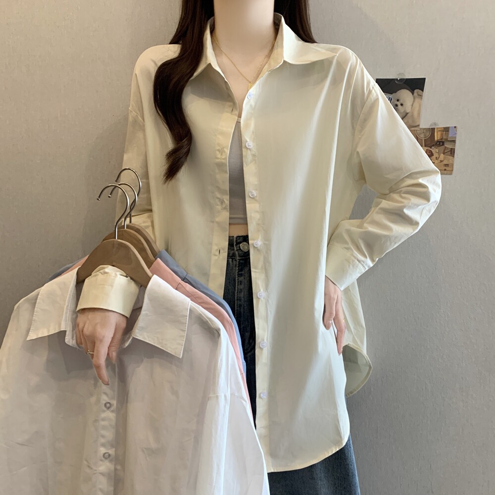 实拍2026早春纯棉蓝色长袖衬衫女上衣通勤穿搭休闲蓝衬衣外套