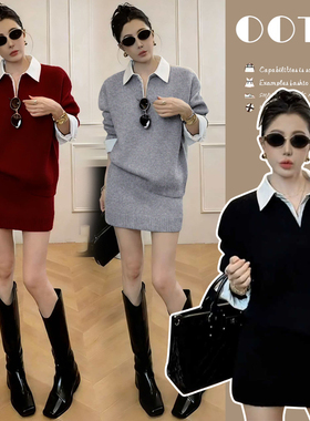 孕妇装韩版休闲减龄V领假两件衬衣领毛衣秋冬季小众气质A字裙套装