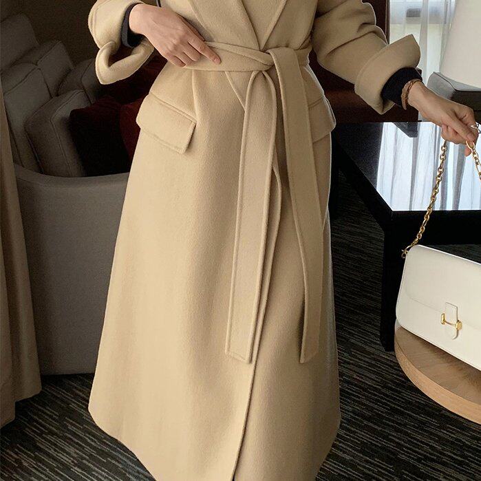 尺寸已更新 冬季气质高级感翻领系带大衣呢子长款外套女
