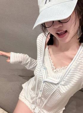 蓝色慵懒风条纹轻薄防晒开衫外套女夏季高级感超好看长袖罩衫上衣