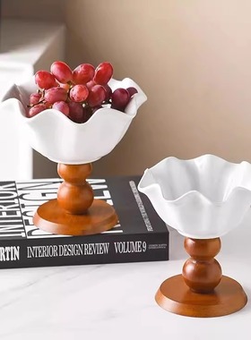 荣裕多高颜值美式复古高脚陶瓷蛋糕杯冰淇淋杯优雅木质甜品布丁杯