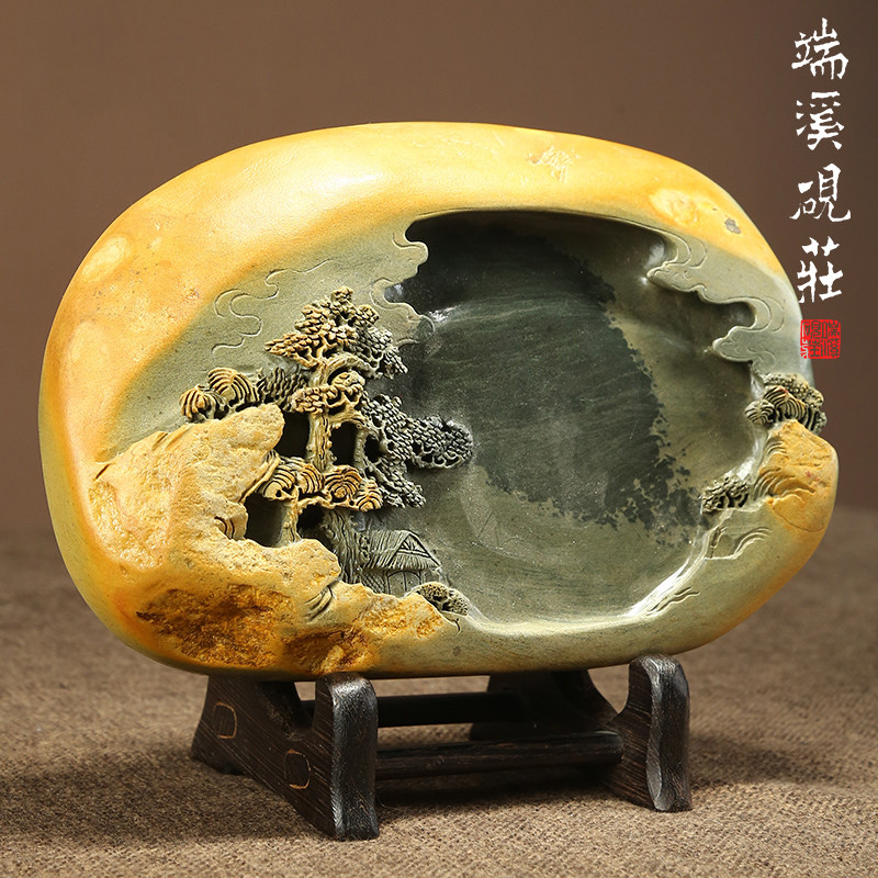 砚台手工原石绿端作品青松幽居砚 高档收藏文房四宝送礼肇庆端砚