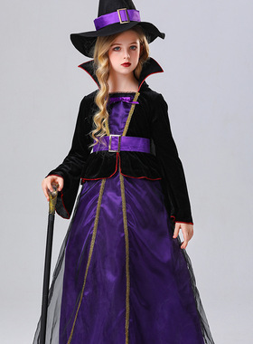 万圣节儿童女巫装紫色化妆舞会角色扮演服巫婆Cosplay恐怖小女巫