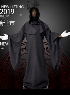 万圣节cos服表演 黑暗恶灵 黑色长袍 恶魔随从服装大码魔法使者装