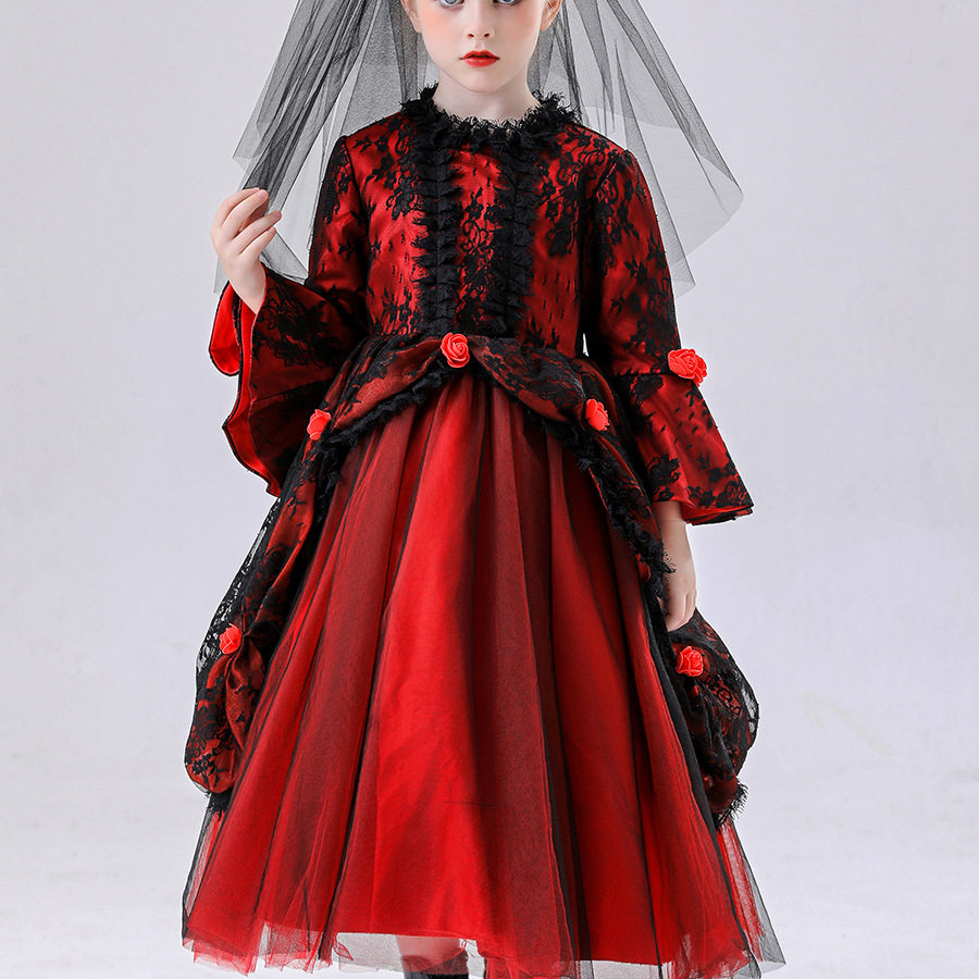 儿童小红帽服装女童洛丽塔红裙圣诞风花边小红帽衣服吸血鬼女巫装