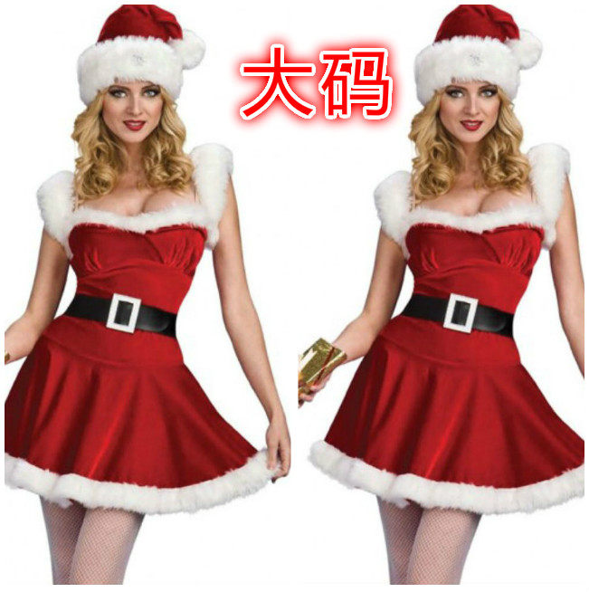 红色圣诞服装圣诞节cos吊带裙外贸欧美红色毛毛连衣裙演出服大码
