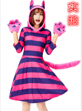万圣节动物cos咧嘴猫爱丽丝梦游仙境紫色条纹猫连衣裙猫咪装大码