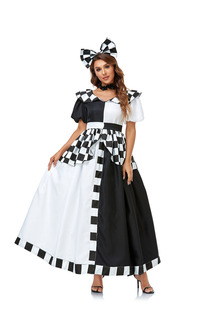 2022万圣节大码爱丽丝梦游仙境服装演出服 黑白格公主裙alice cos