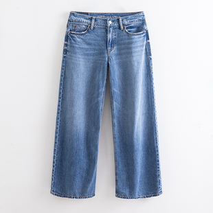 AEO 美国鹰秋季款蓝色高腰纯棉无弹牛仔裤女宽松显瘦阔腿直筒裤