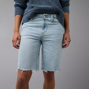 女宽松显瘦提臀五分短裤 蓝色高腰弹力牛仔裤 潮 新款 AEO美国鹰夏季