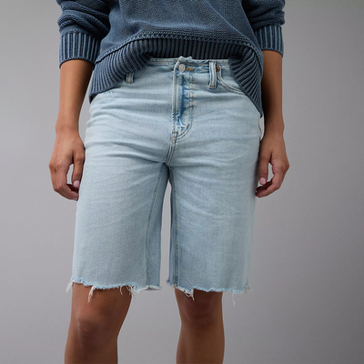 AEO美国鹰夏季新款 蓝色高腰弹力牛仔裤女宽松显瘦提臀五分短裤潮