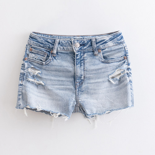 AEO  美国鹰2025夏款蓝色高腰弹力牛仔短裤修身磨破洞短裤热裤女