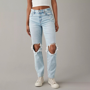 女宽松显瘦磨破洞直筒裤 蓝色超高腰微弹牛仔裤 潮流 夏款 AEO美国鹰