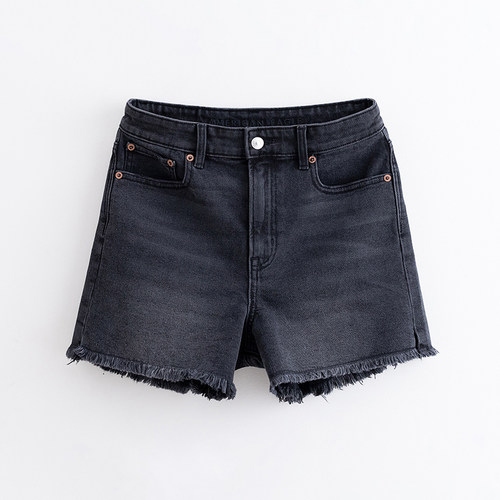 美国鹰 AEO夏款黑灰高腰微弹男友风毛边A字开衩牛仔短裤女潮