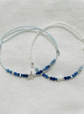 S925纯银幸运海星手编绳好运小鱼蓝白色手链可调节送闺蜜礼物简约