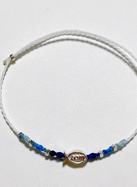 S925纯银鱼形手编绳好运小鱼蓝白色手链可调节送闺蜜礼物简约