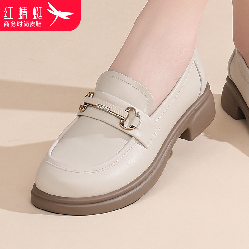红蜻蜓2026年春季新款配裙子小皮鞋女一脚蹬粗跟百搭女士乐福鞋子
