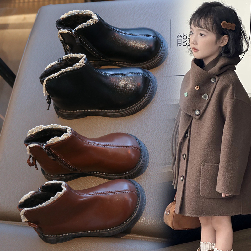 女童公主皮靴加绒保暖二棉靴