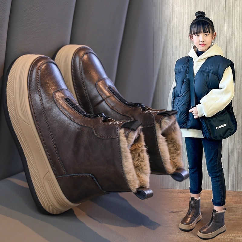 女童雪地靴2025冬季新款加绒中大童棉鞋儿童棉靴子短靴皮面马丁靴