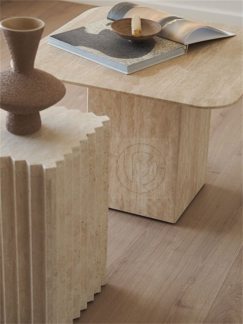 轻奢化黄洞石开槽雕塑台大理石落地花架六面体软装居家电视柜摆件