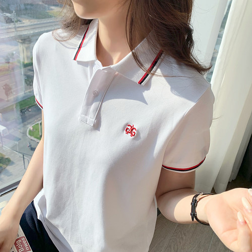 撞色条纹领短袖polo衫女款