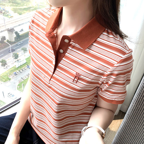 细条纹短袖翻领t恤女夏