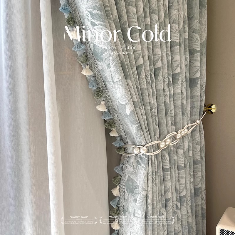 轻法式水蓝百合雪尼尔复古遮光客厅书房卧室别墅落地窗飘窗窗帘