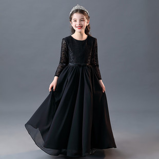 2025黑长袖儿童女童长款演出礼服公主裙走秀合唱钢琴演奏服新秋冬