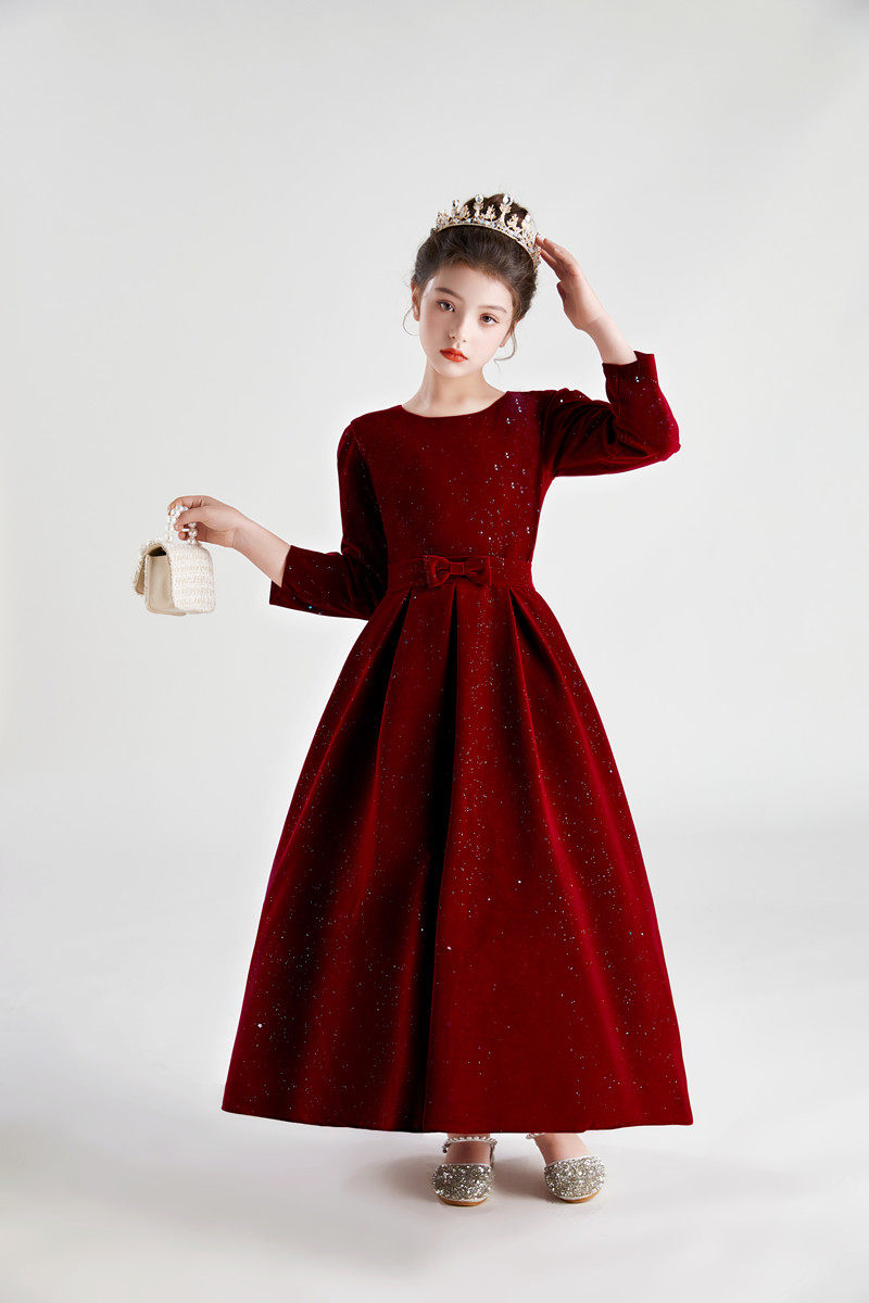 冬季高端新款酒红色儿童女童学校合唱比赛演出礼服钢琴乐器演奏服