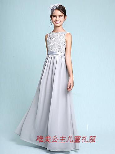 2024新款银灰色六一儿童礼服古筝钢琴表主持礼服长款蕾丝连衣裙春